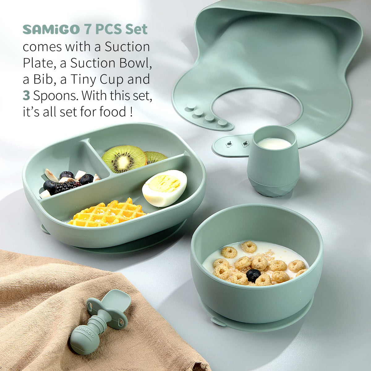 SAMiGO Silicone Baby Feeding Set, Baby Led Weaning Supplies, Suction Bowl Plate Bib Cup Self Feeding Spoons, Solid Food Eating Essentials, First Stage Utensils, 6+ Months