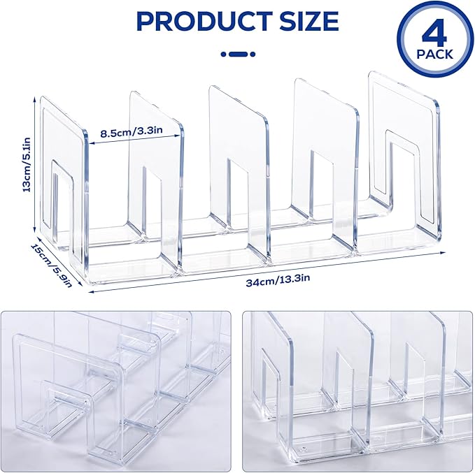 4Pack 4-Section Clear Acrylic Desk File Sorter, Desktop File organizer Purse Handbag divided organizer for Book, Envelopes, Mail, Document, Notebook, Office Supplies (13x5.9x5inch)