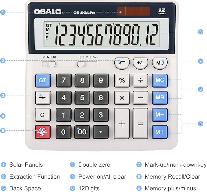 OSALO Desktop Calculator Extra Large Display 12 Digits Big Buttons Solar Accounting Calculator for Office (OS-200ML)