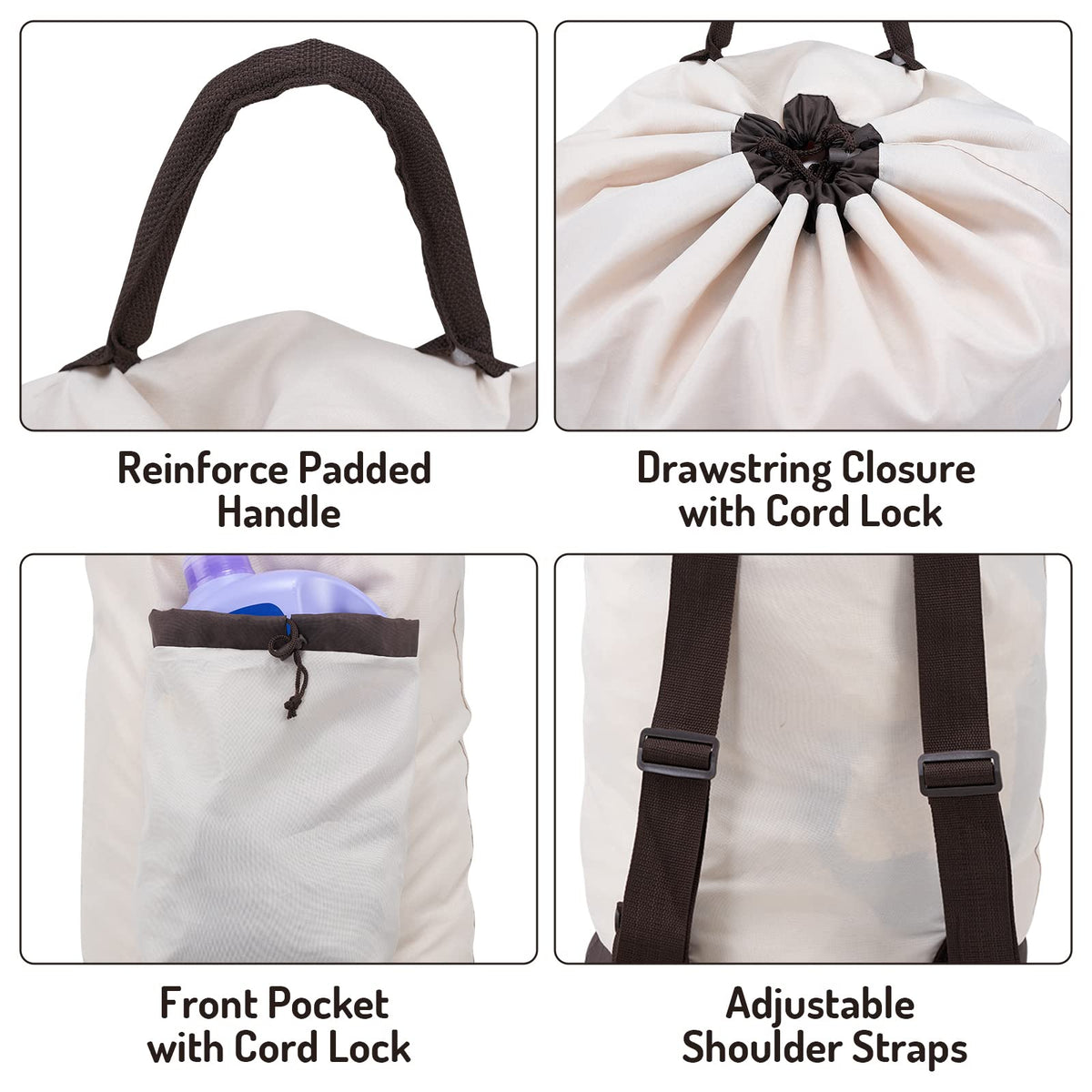 Laundry Bag Backpack with Shoulder Straps and Detergent Holder Clothes, Travel Laundry Backpack Bag Hamper for College Dorm Room (Khaki w Brown)