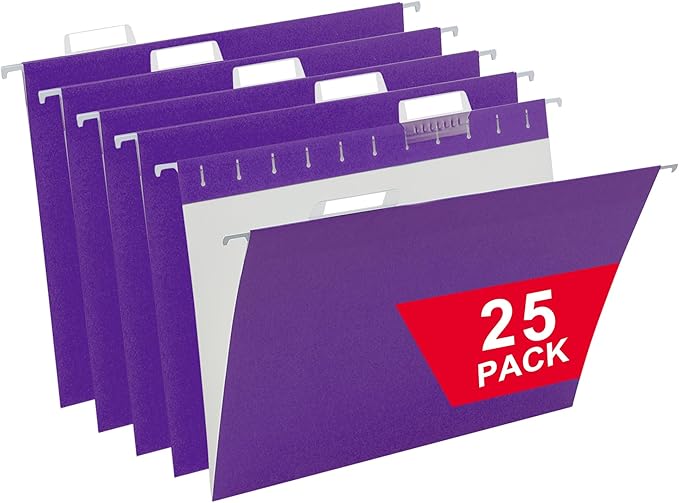 Purple Hanging File Folders,25 Packs Letter Size File Folder,Designed for Bulky Files,Filing Cabinet,1/5 Adjustable Tabs for Office,School,Home