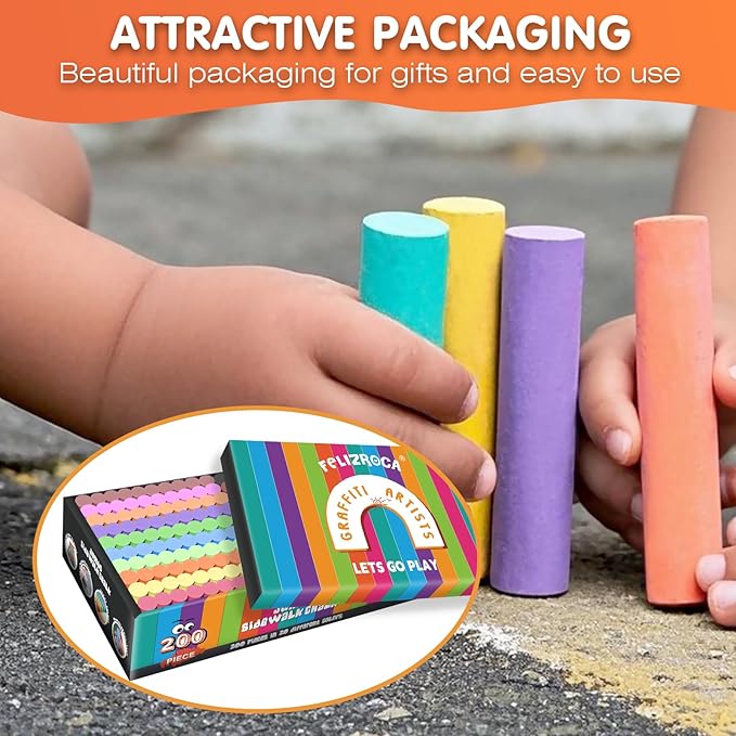 200 Pcs Sidewalk Chalk Set in 20 Assorted Colors, Non-Toxic Washable Bulk Chalk for Outdoor Ativity, School Chalkboard and Playground