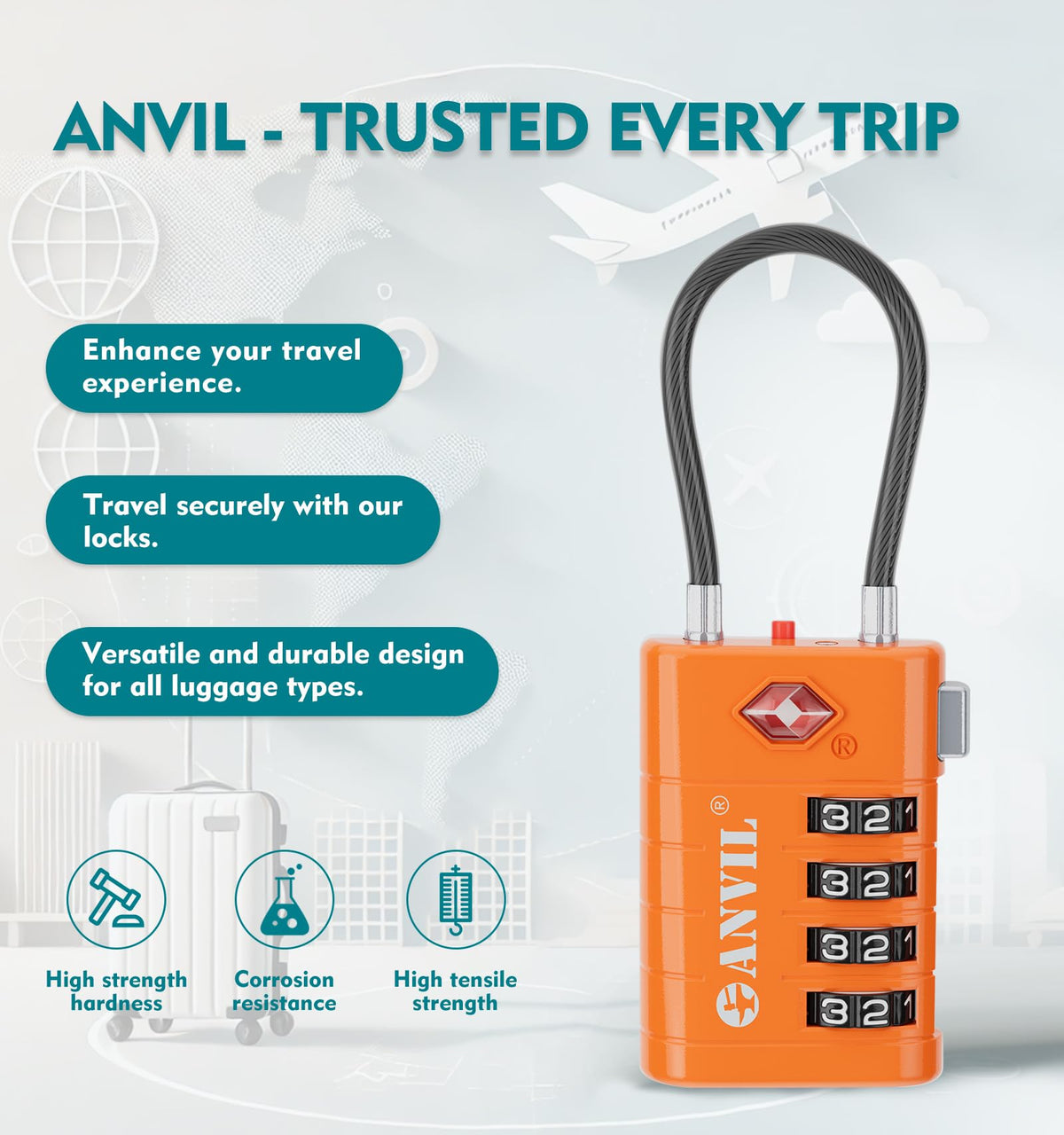 ANVIL 4 Digit Luggage Locks, TSA Locks for Luggage, Advanced TSA008 core, Alert Indicator for Your Travel Lock, Suitcase Lock. (4, Orange)