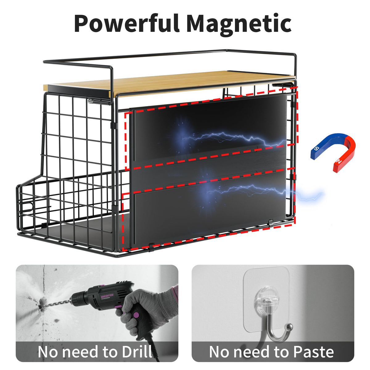 TIDIIABODE Magnetic Shelf for Fridge, Large Container Magnetic Spice Rack for Refrigerator, Fruit Potato and Onion Storage Bins, Magnetic Basket with Wood Lid, Kitchen Counter, Cabinet