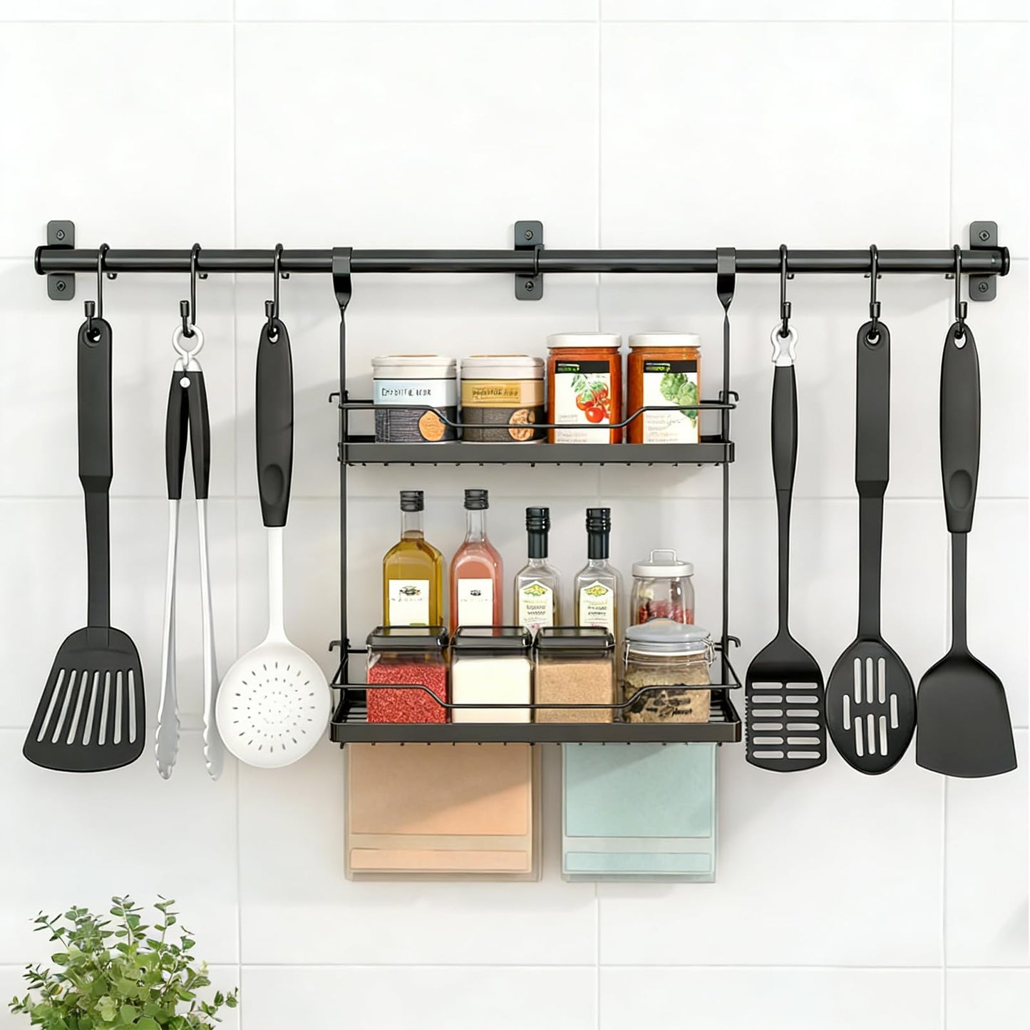 NADAMOO Spice Rack Wall Mount, 2-Tier Storage Shelf with Towel Bar, Utensil Hanger with Hooks for Kitchen, Bathroom, Pantry, Laundry, Matte Black Heavy Duty Metal Organizer