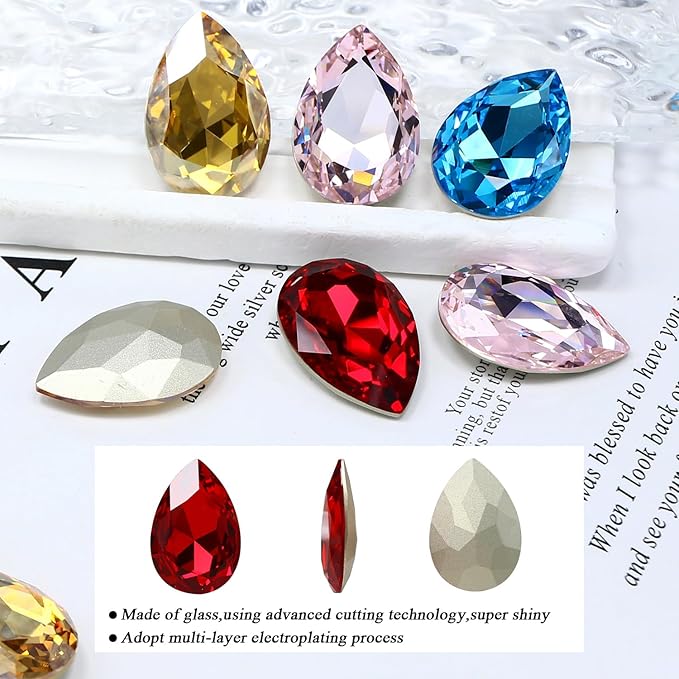 8Pcs Teardrop Crystal Pointback Rhinestones,30 * 20mm Large Glass Rhinestones Gem Stones for Crafts Dress Shoes Jewelry Making，Lake Blue