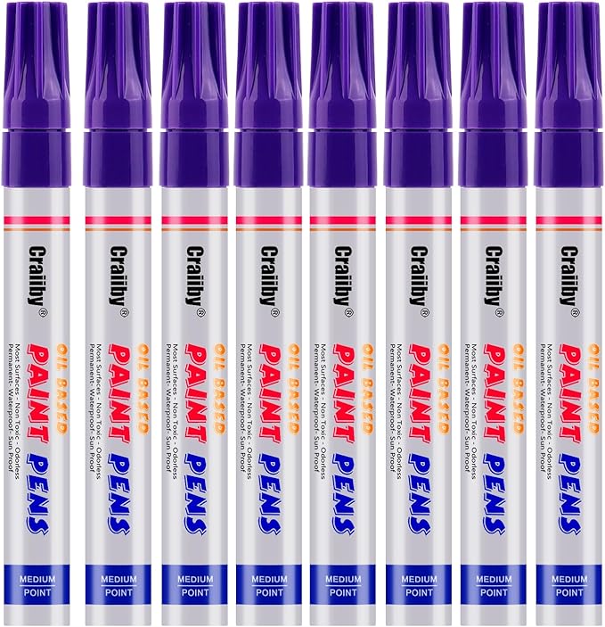 Purple Paint Markers, 8 Pack Oil-Based Waterproof Quick Dry Permanent Paint Pen Set for Rocks Painting, Wood, Fabric, Plastic, Canvas, Glass, Mugs, Metal, Tire, Stone, DIY Craft