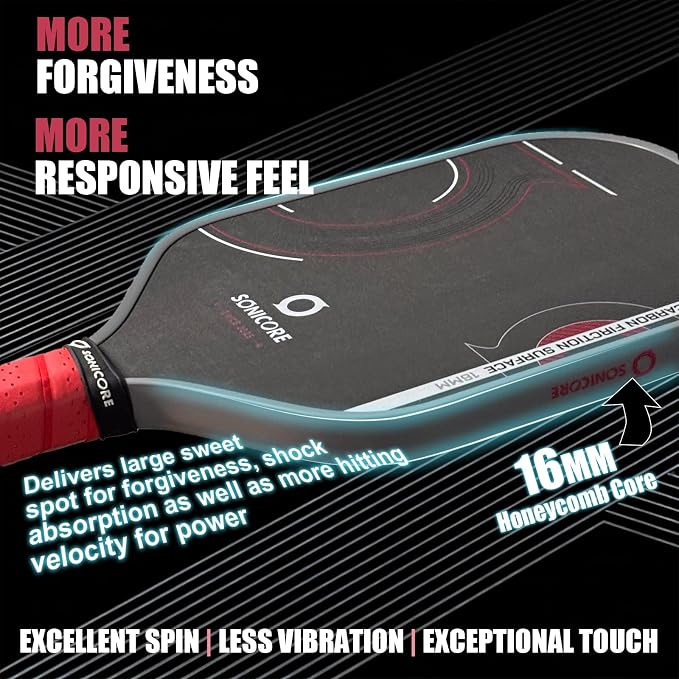 SONICORE Pickleball Paddle Set Bundle, T700 Carbon Fiber 16mm Core, 1 Paddle, Cover, Wristbands, Grip Tape, Eraser, 4 Premium Balls | Turbo Red
