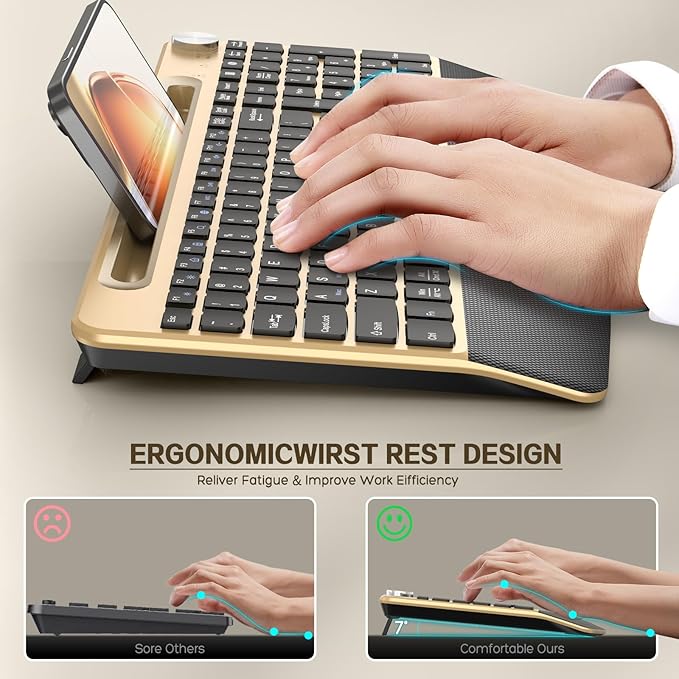 Ergonomic Wireless Keyboard with Wrist Rest-Low-Profile,Phone/Tablet Holder,Quiet Design，Windows & Mac OS，Full Size Cordless USB Computer Keyboard for Desktop,Laptop, PC, Mac, Windows-Gold