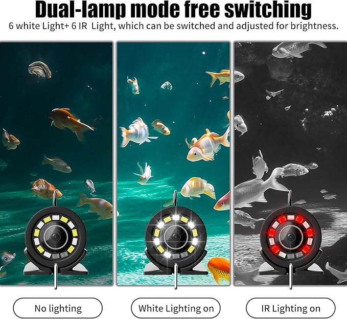 Underwater Fishing Camera, 7 inch HD IPS Monitor 1200TVL IP68 Wateproof Camera with 6 Pcs LED Lights + 6 Pcs IR Infrared Lights, 165°Wide Angle for Ice, Boat and Lake Fishing(100 FT/30 M)