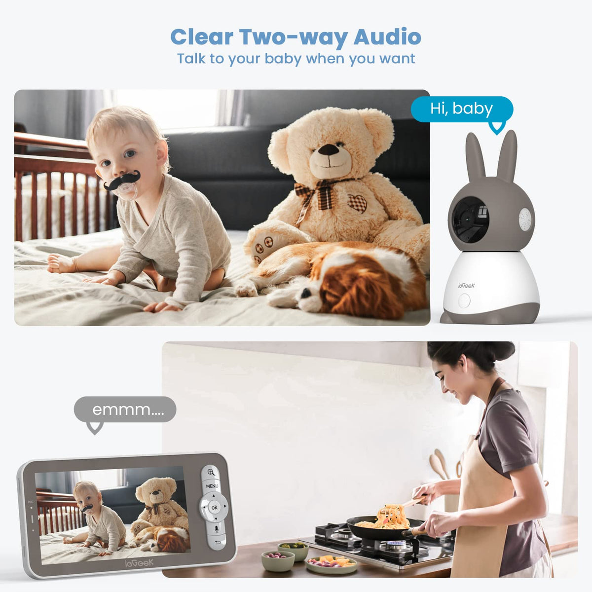 ieGeek 2K Split-Screen Baby Monitor, 5" Audio Baby Monitor with 2 Cameras, WiFi Smartphone Video Dual Camera, Night Vision, Motion & Cry Detection, Two Way Talk Temper &Humidity Sensor