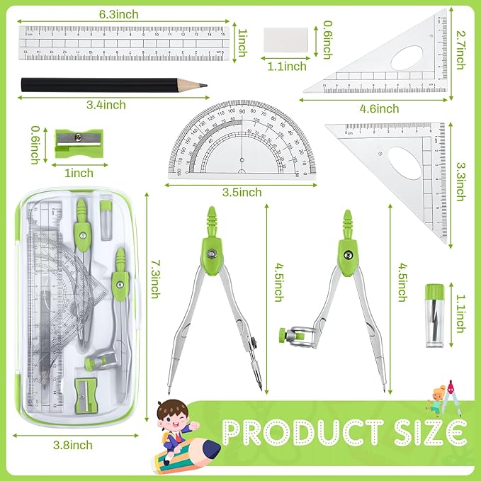 Teling 12 Sets Math Geometry Kit for Students 10 Pcs Compass Geometry Tools Set Includes Rulers Protractor Compass Eraser Pencil Sharpener Lead Refills Pencil (Green)