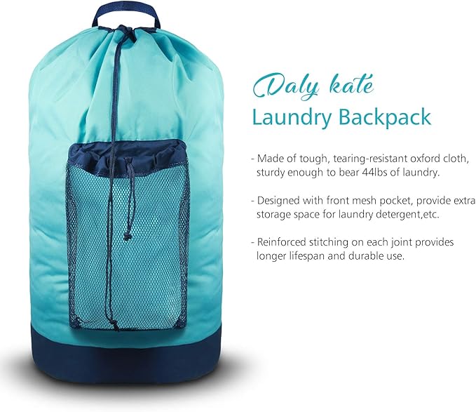 Dalykate Laundry Backpack with Shoulder Straps and Mesh Pocket Durable Nylon Clothes Hamper Bag with Drawstring Closure for College, Travel, Laundromat, Apartment