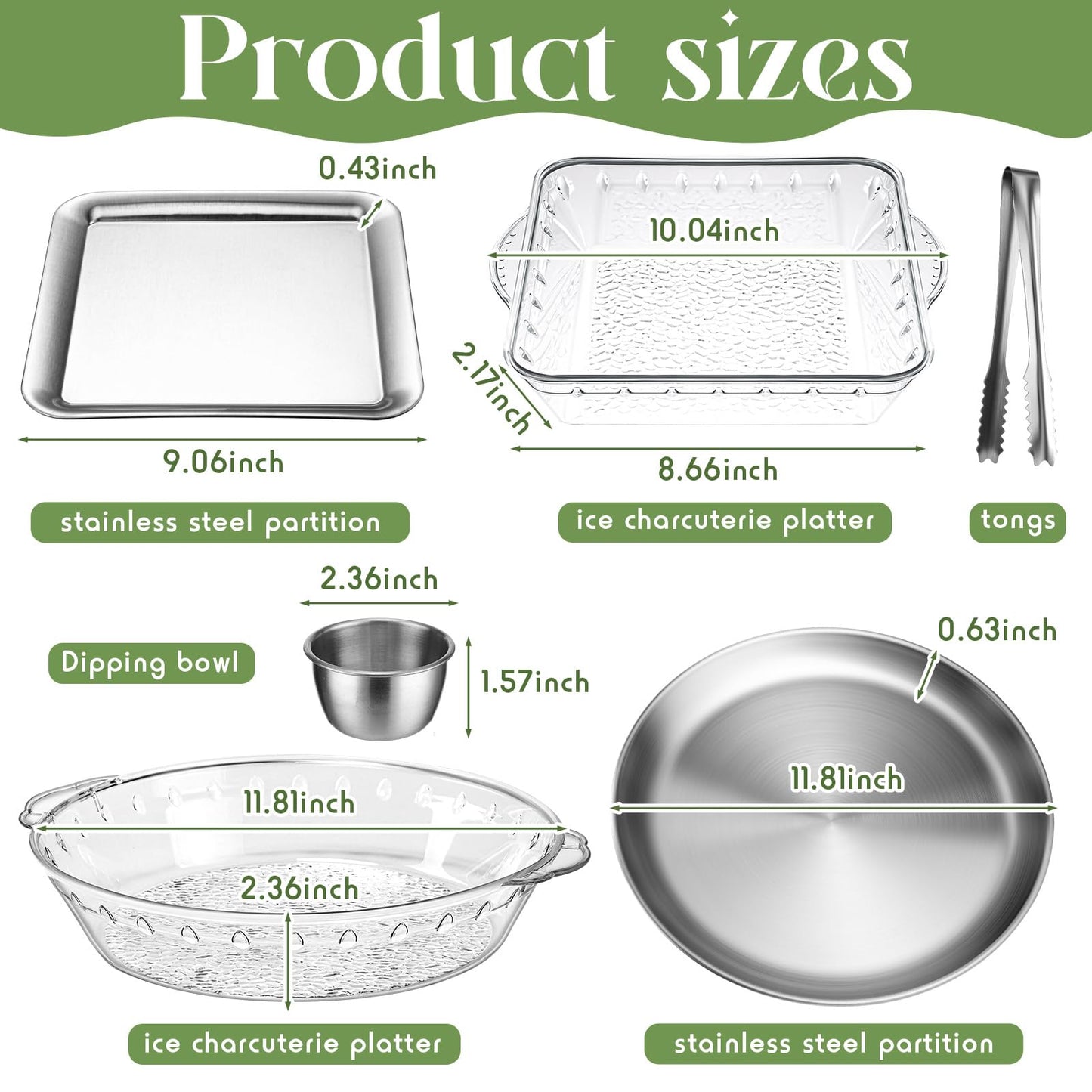 Baderke 4 Set 11.8" Chilled Serving Tray for Parties with Compartments 9" Ice Chilled Party Platter Charcuterie Serving Board 1.7 oz Dipping Bowls with Tongs for Fruit Seafood Vegetable (Natural)