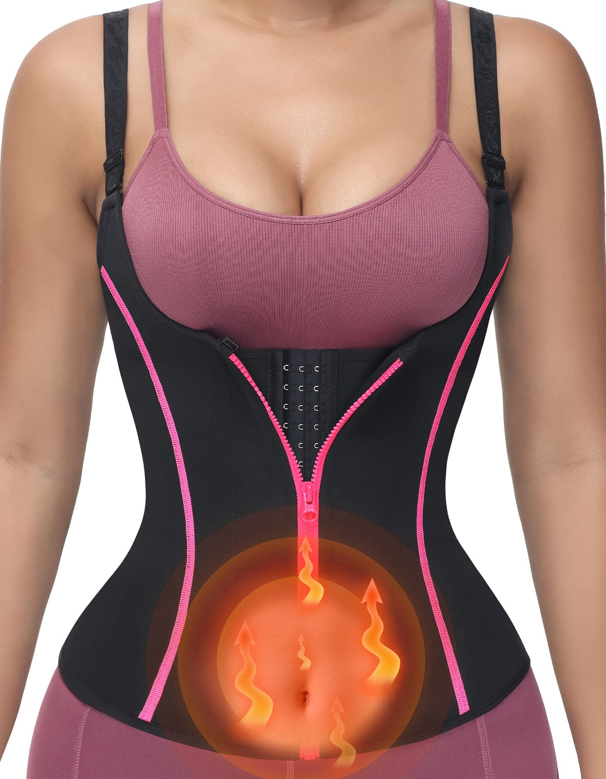 YADIFEN Waist Trainer Vest for Women,Zipper Corset Body Shaper for Tummy Control Neoprene Cincher Tank Top with Straps (Black-Pink, XS)