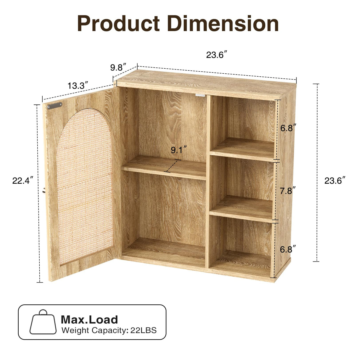 Rattan Bathroom Wall Cabinet with Door, Boho Medicine Wall Cabinets with Adjustable Shelves, Tall Kitchen Wall Mounted Storage Cabinet, Floating Hanging Cabinet Space Saver for Laundry Room, Natural