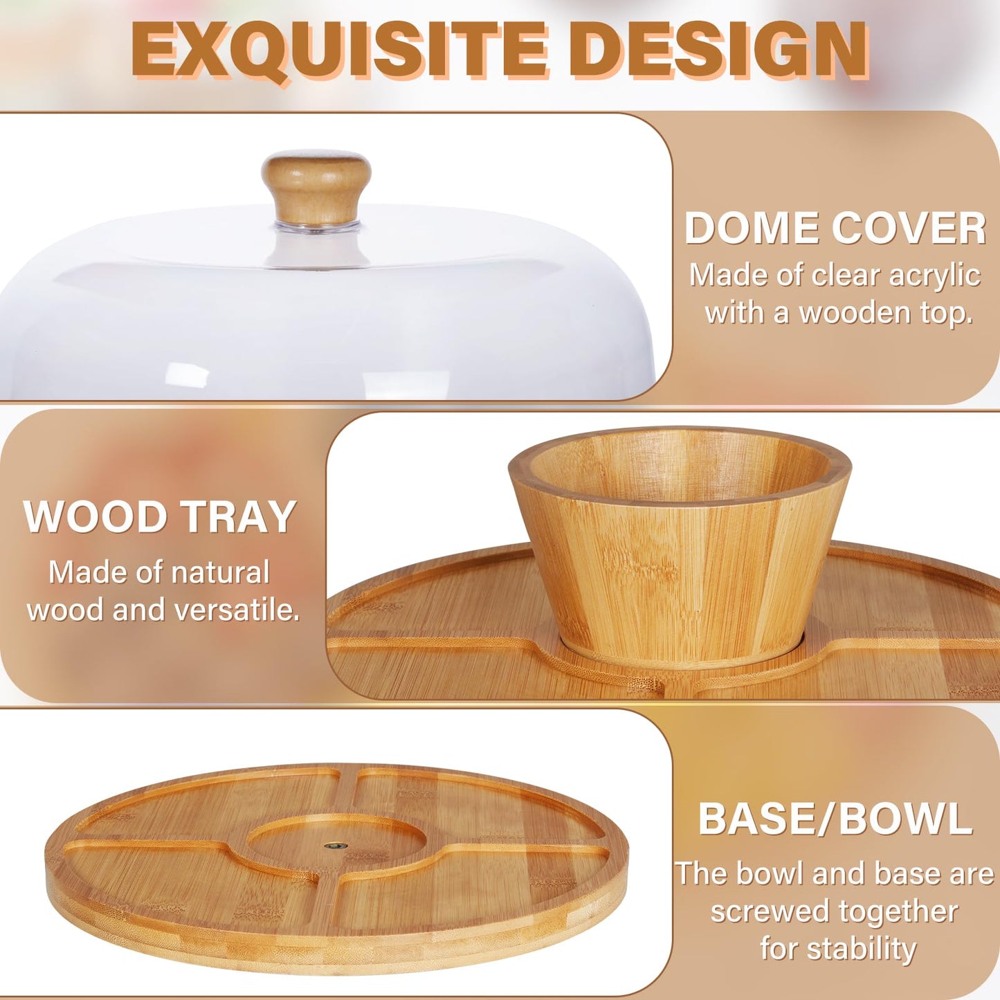 Timboops Home Bamboo Cake Stand with Lid, 6-in-1 Multifunctional Cake Plate, Cake Holder, Serving Tray, Fruit Platter, Salad Bowl, Dessert Table Display & Acrylic Cake Dome Cover