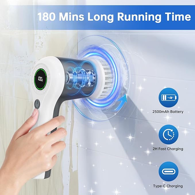 Electric Spin Scrubber, Cordless Shower Scrubber with Battery Level Display, 2 Speeds Electric Scrubber for Cleaning with 6 Replaceable Heads, Cleaning Brush for Bathroom/Sink/Window (Gray)
