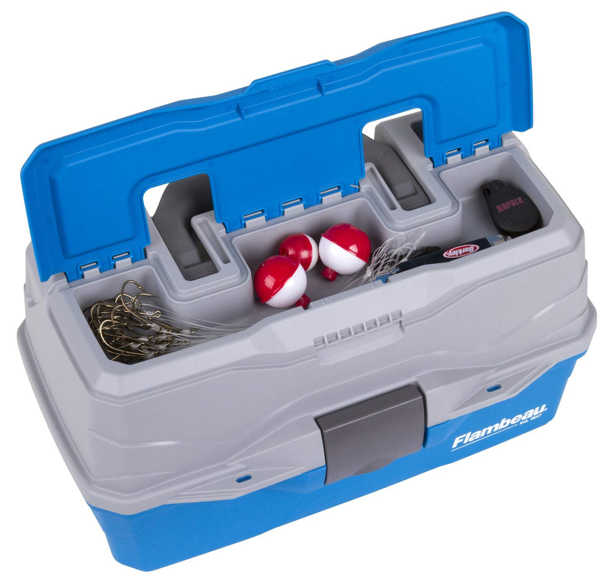 Flambeau Outdoors 6382TB 2-Tray Tackle Box - Classic Fishing Lure Storage Organizer, Medium Portable Tackle Box, 15 Tray Compartments, Blue/Gray