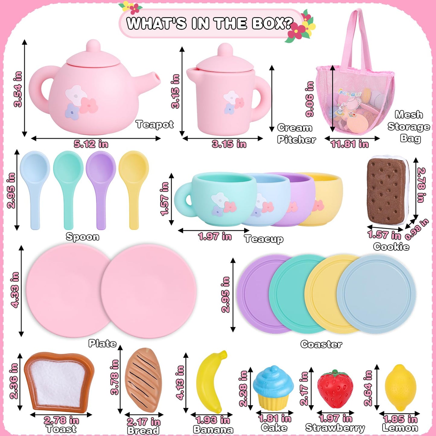 Silicone Tea Party Set for Little Girls,PRE-WORLD 27PCS Toys Toddler Tea Set with Play Food Dessert Cookies,Doughnut,Cake,Carrying Bag,Kids Kitchen Pretend Role Gifts for Girls Boys Age 3 4 5 6
