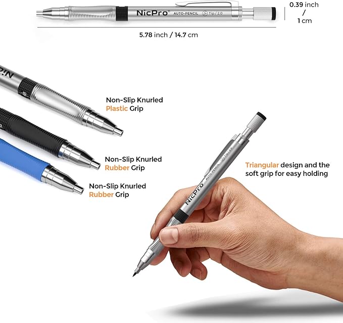 Nicpro 29 Pieces 2mm Mechanical Pencil Set, 9 PCS Drafting Carpenter Pencils 2.0 mm for Art Drawing Sketching construction with 192 Lead Refills Pre-Sharpen HB & 2B & Colors, 2 Erasers, 2 Sharpener