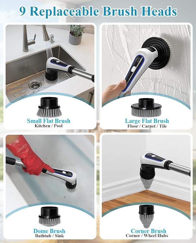 Electric Spin Scrubber, Rocfinity Cordless Cleaning Brush with 9 Brush Heads, 3 Adjustable Speeds and Extension Handle for Bathtub, Kitchen, Window,Full-Body IPX7 Waterproof Bathroom Cleaner Brush