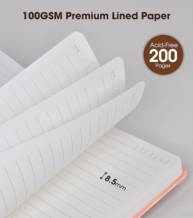 Pink A5 Lined Leather Journal Notebook for Men Women,5.9" X 8.4" Personalized Hardcover Journal with Pen,200 Pages 100 Gsm Thick Ruled Paper Daily Diary for Travel,Business,Work,Writing