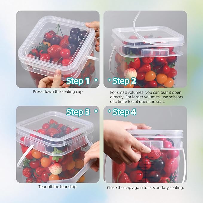 ASEVAT 1Gal 2Pack Clear Bucket Graduated Pail Container with Lid, Square Food Grade Buckets, Cleaning Containers Plastic Pails Extra Durable Handles with Grip for Easy Carrying