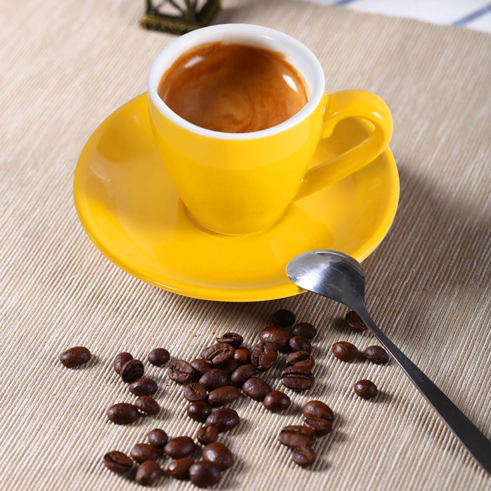 ionEgg Porcelain Espresso Cup with Saucer And Stainless Steel mini Spoons, Espresso shot Cup, 80ml/2.7Oz, Pack of 2, Yellow