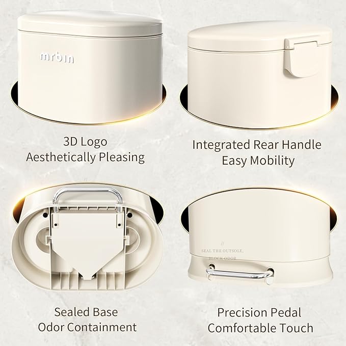 MRBIN Metal Kitchen Trash Can with Lid, 30L / 7.9gal Commercial Step Waste Basket for Bathroom, Medium Office Garbage Pail with Stainless Steel Foot Pedal for Near Desk, Bedroom, Rv, White