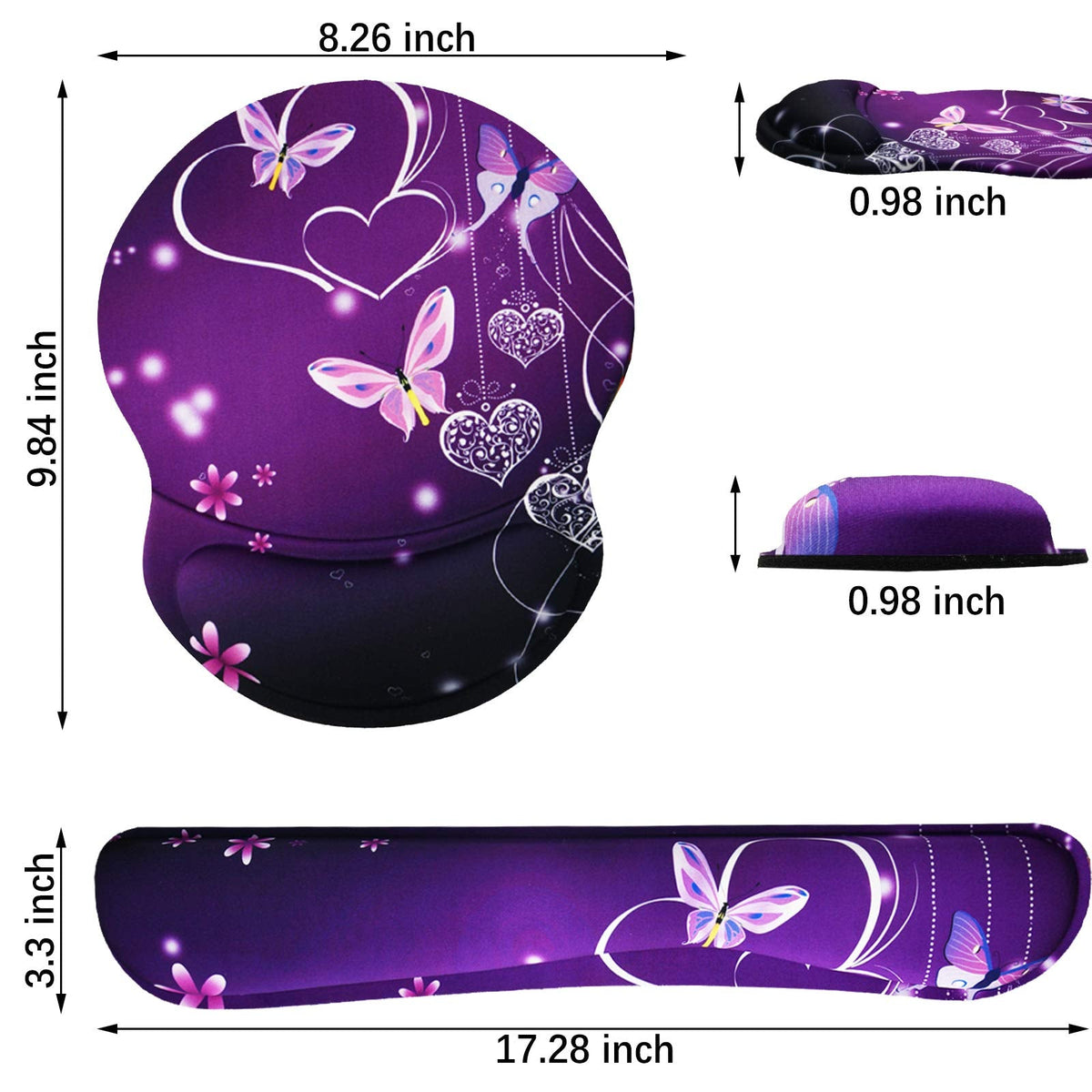 ArtSo Upgraded Wrist Rest Support for Mouse Pad & Keyboard, Ergonomic Gel Mousepad Non-Slip Rubber Base Home,Office Pain Relief, Easy Typing Cushion Neoprene, Soft Memory Foam, Purple Heart Butterfly