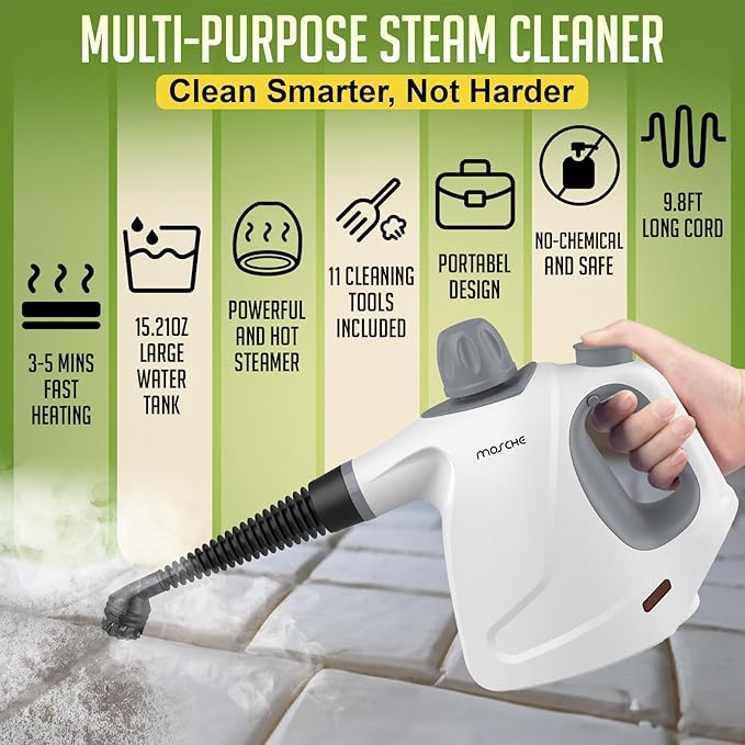 Multi-Surface Handheld Steam Cleaner with 11-Pieces Accessories, 15.2OZ All Natural Pressurized Steamer for Cleaning, Multipurpose Steam Cleaner for Home to Clean Floor, Grout, Tile, Grease and More