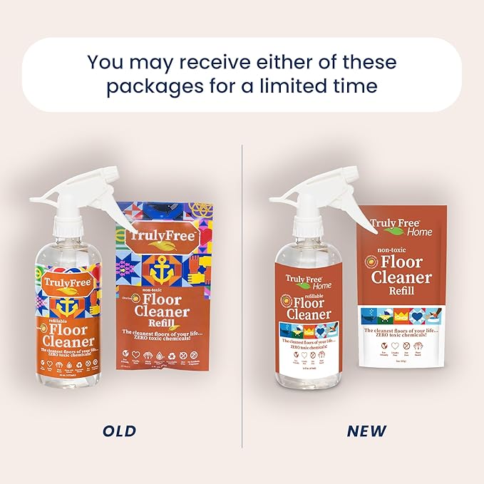 Truly Free Floor Cleaner Kit - Plant-Based Mopping Solution (16oz Reusable Empty Bottle + Two Pouches, 3oz ea.) - DIY All-Surface Cleaner for Hardwood, Tile, Wood & Concrete