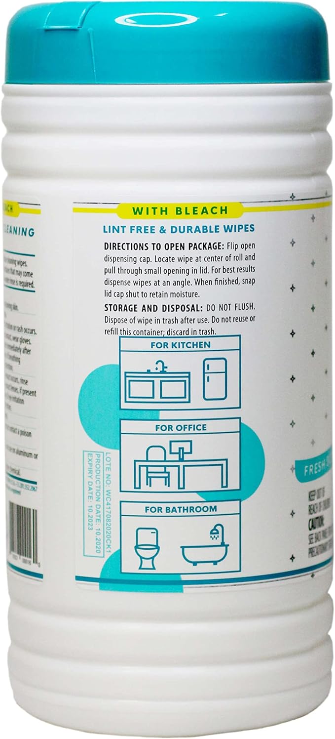 1 Pack Surface Cleaning Wipes with Bleach, All-Purpose Cleaner for Bathroom, Kitchen, Office, 75 Count Canister, 7.5" x 7" Sheet, Fresh Scent, Lint Free & Durable