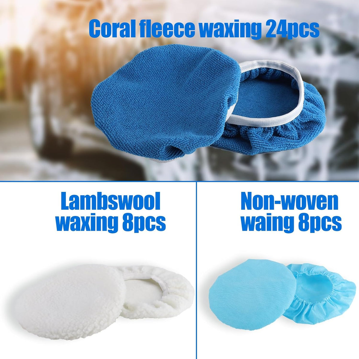 40 Piece Car Polisher Pad Set, Mix Pack of 24 Microfiber, 8 Non Woven, 8 Woolen Bonnets, 8-9 Inch, Dark Blue, Light Blue, White, Suitable for Metals, Woods, Other Hard Surfaces