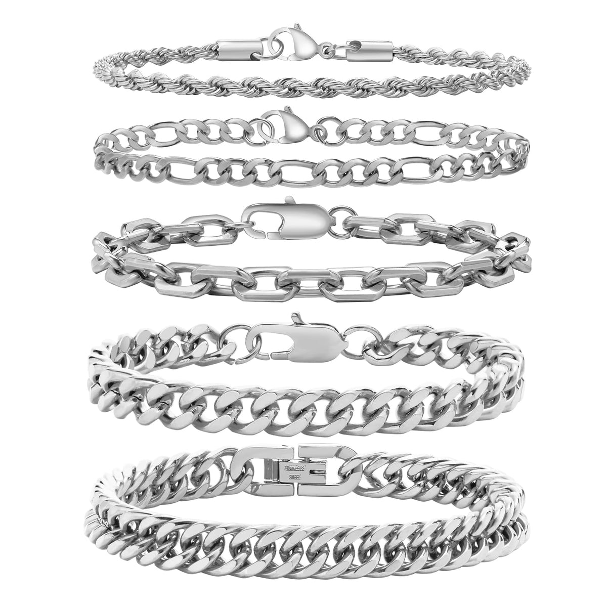 VNOX Silver Chain Bracelets for Men - 5 Pcs Solid Stainless Steel Rope/Figaro/Paperclip/Cuban Link Curb Chunky Chain Bracelet Set Wrist Band for Men Women,8.3 Inches
