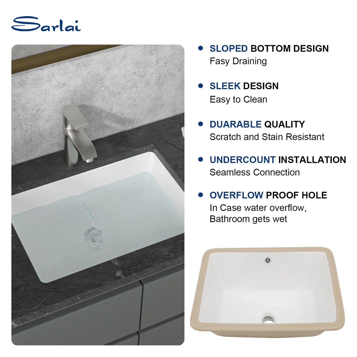 Sarlai Undermount Rectangular Vessel Sink - 20 x 14.5 inch Modern White Ceramic Art Basin with Overflow