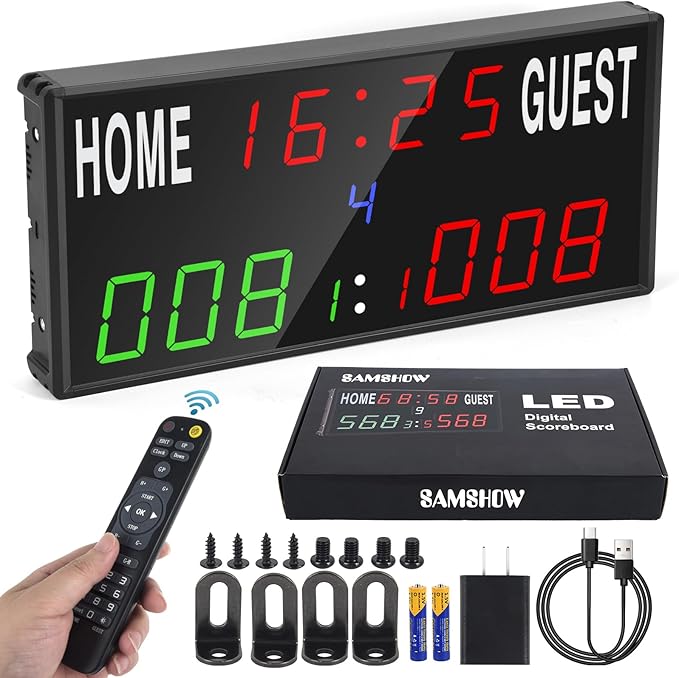 Samshow 2025 LED Electronic Scoreboard Digital Score Keeper with Remote, Basketball Scoreboard with Shot Clock & Timer & 12/24h Real Time for Football/Corn Hole/ping Pong/Table Tennis