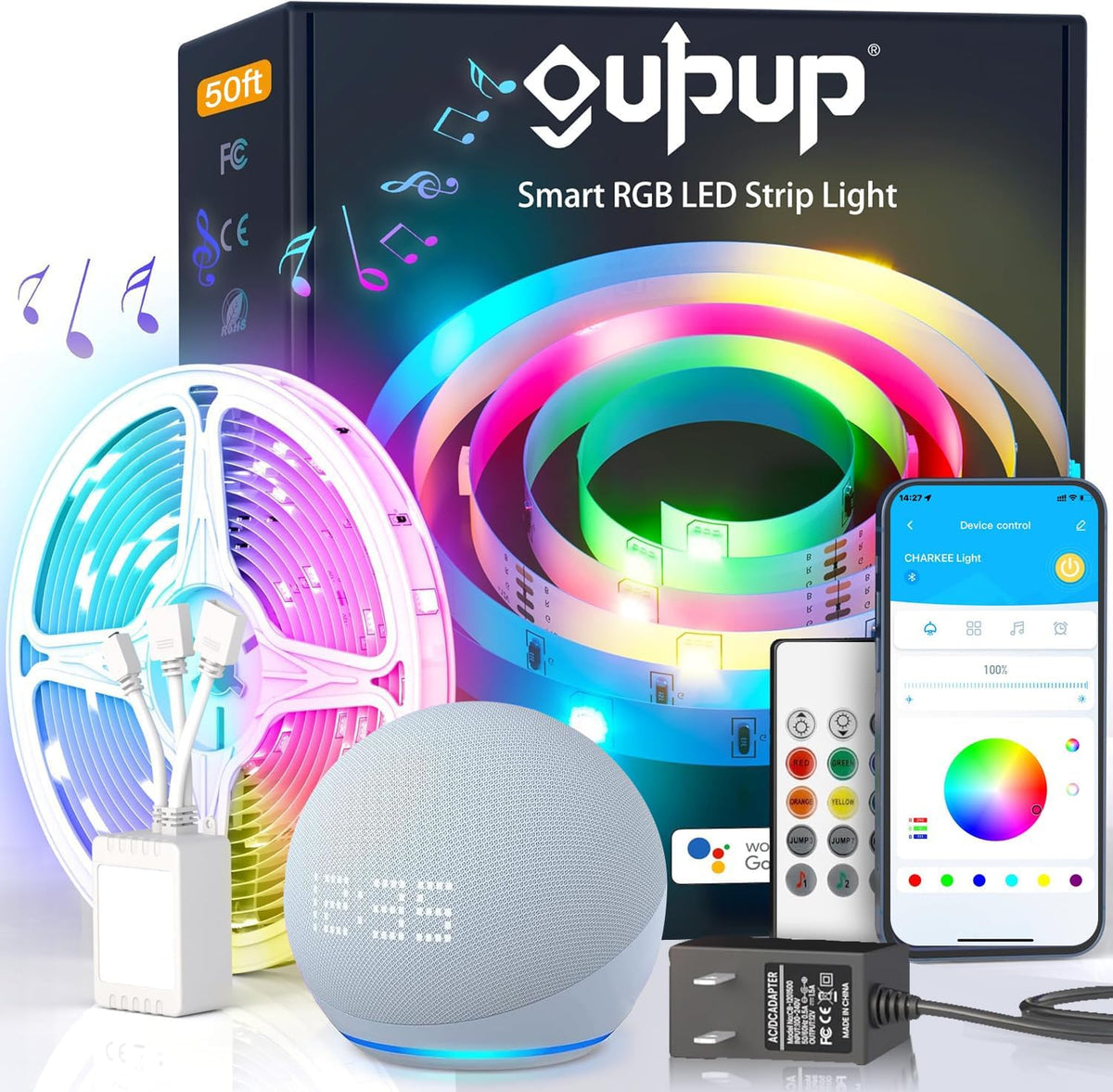 GUPUP WiFi Led Lights 50 ft, Smart App Controlled Led Strip Lights, Compatible with Alexa and Google Assistant Devices, Voice Control,Music Sync,Color Changing Tape Lighting