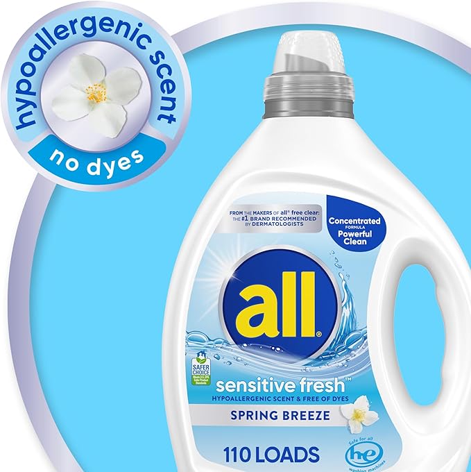 all sensitive fresh™, Spring Breeze, Scented Liquid Laundry Detergent for Sensitive Skin, Hypoallergenic, Free of Dyes, Concentrated, 82.5oz, 110 Loads