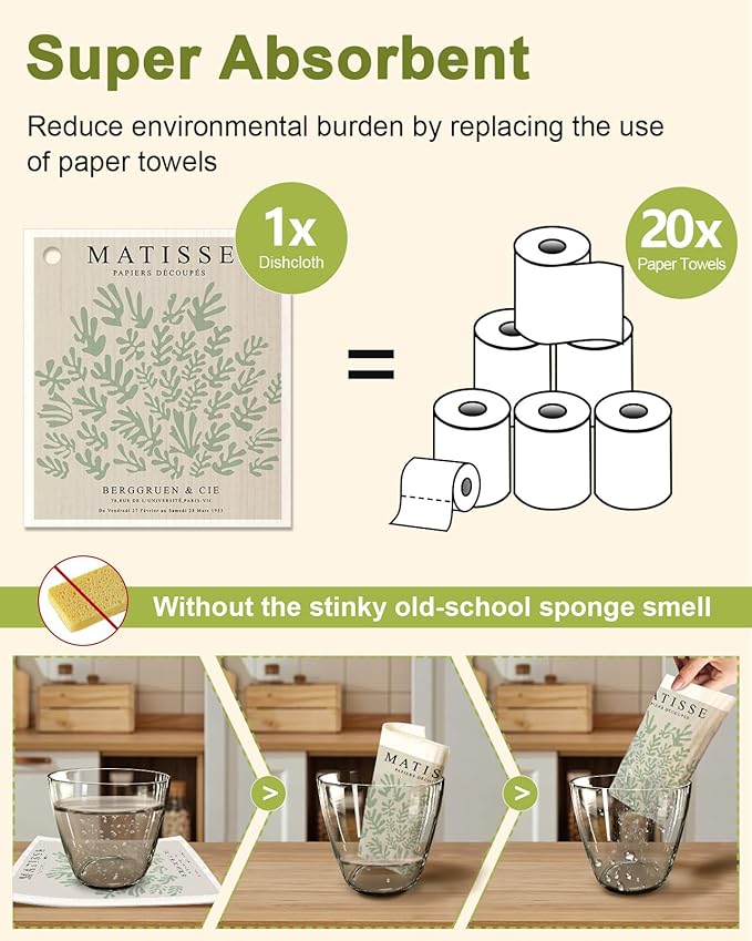 6 Pack Swedish Dishcloths for Kitchen - Reusable Dish Cloths for Washing Dishes Absorbent Cute Funny Kitchen Towels Cleaning Sponge, Green Artist