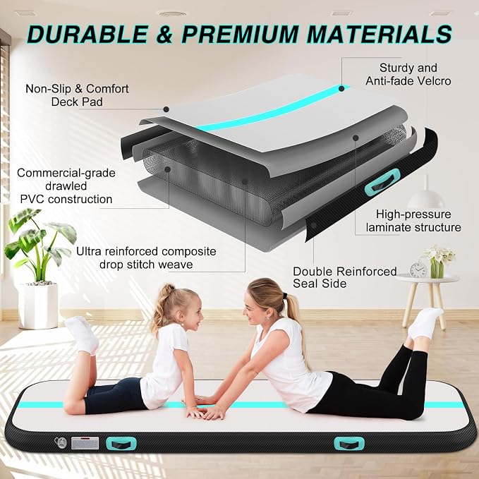 Air Gymnastics Tumbling Mat, 6.6ft/10ft/13ft/16ft/20ft Inflatable Track Mat for Home/Outdoor Training, 4/8 inch Thick Gym Mat with Electric Pump for Kids & Adults