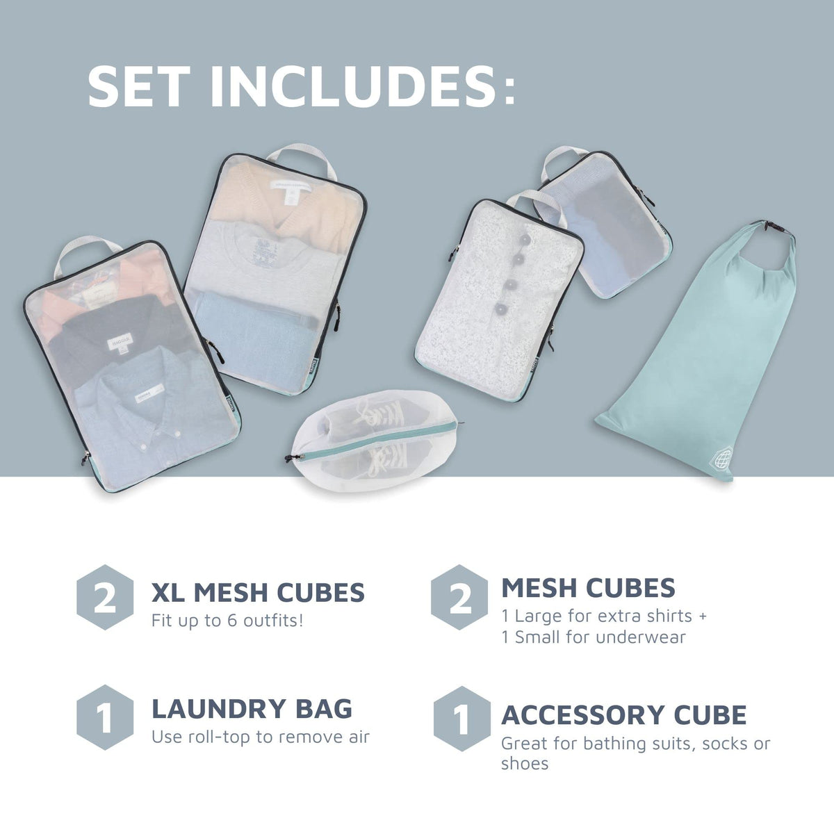 Large Packing Cube Set with See Through Mesh- Compression Packing Cubes Travel Organizers by TRIPPED Travel Gear (Dusty Teal)