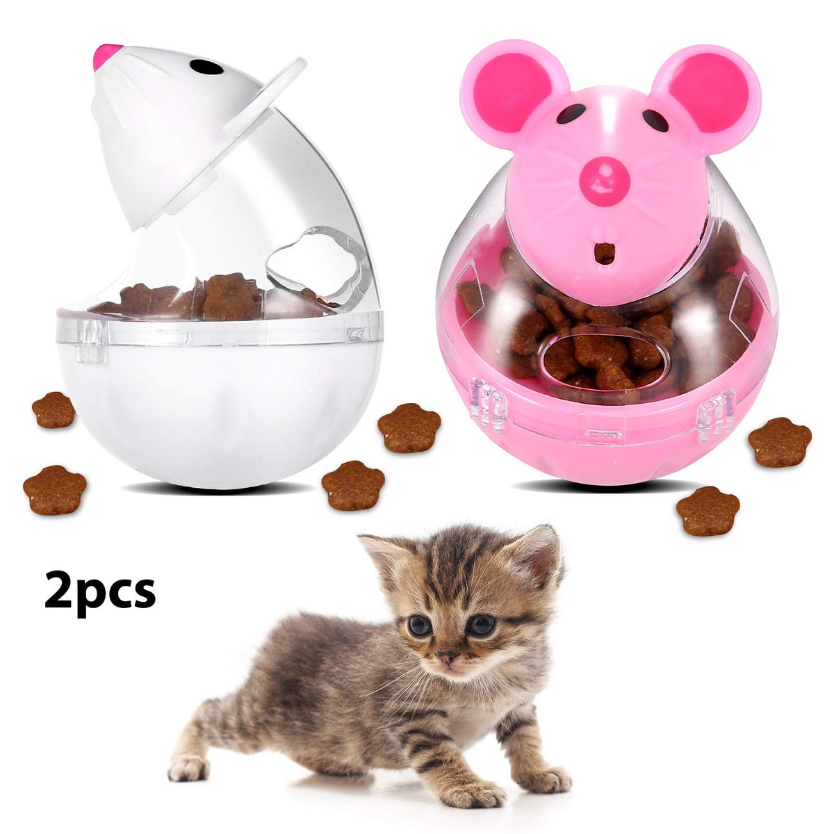 Lightbox Cat Food Ball Dispenser - 4 Pcs Slow Feeder Mice Shaped Tumbler Toy for Interactive Training (Pink, White)