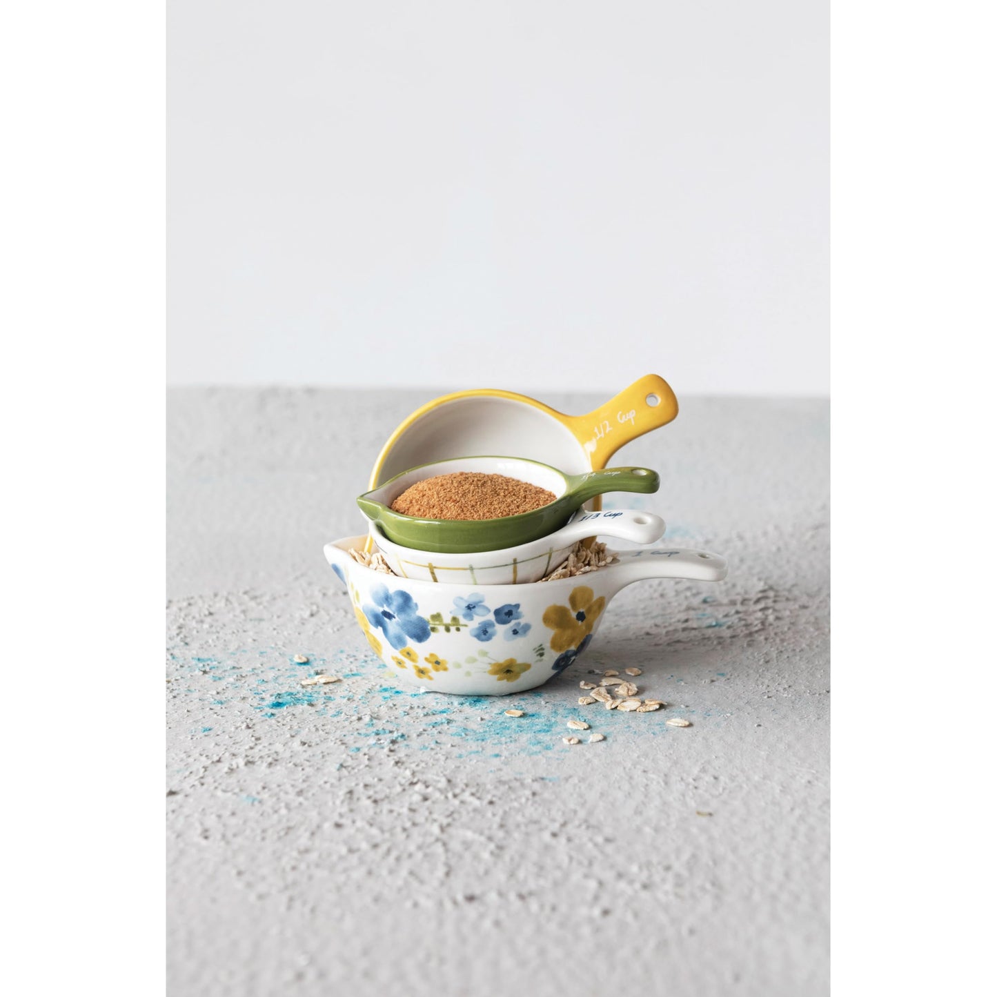 Creative Co-Op Hand-Painted Stoneware Measuring Cups, Multicolor