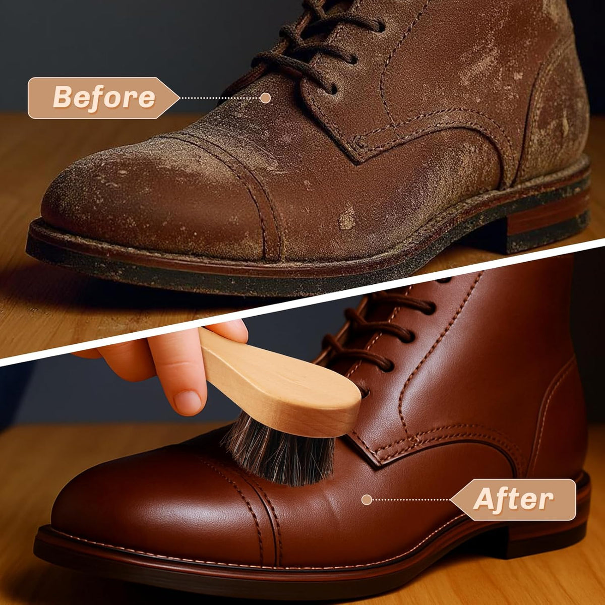 2 Pcs Horsehair Shine Shoes Brush Kit Polish Dauber Applicators Cleaning Leather Shoes Boots Care Brushes Suede Cleaner Brush(Wooden Style F)
