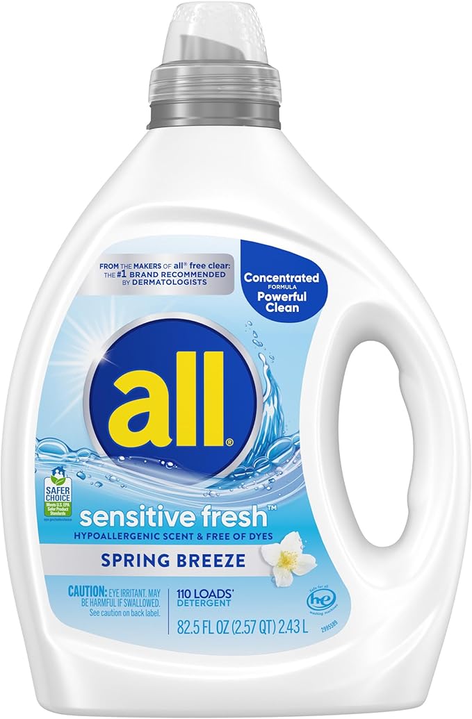 all sensitive fresh™, Spring Breeze, Scented Liquid Laundry Detergent for Sensitive Skin, Hypoallergenic, Free of Dyes, Concentrated, 82.5oz, 110 Loads