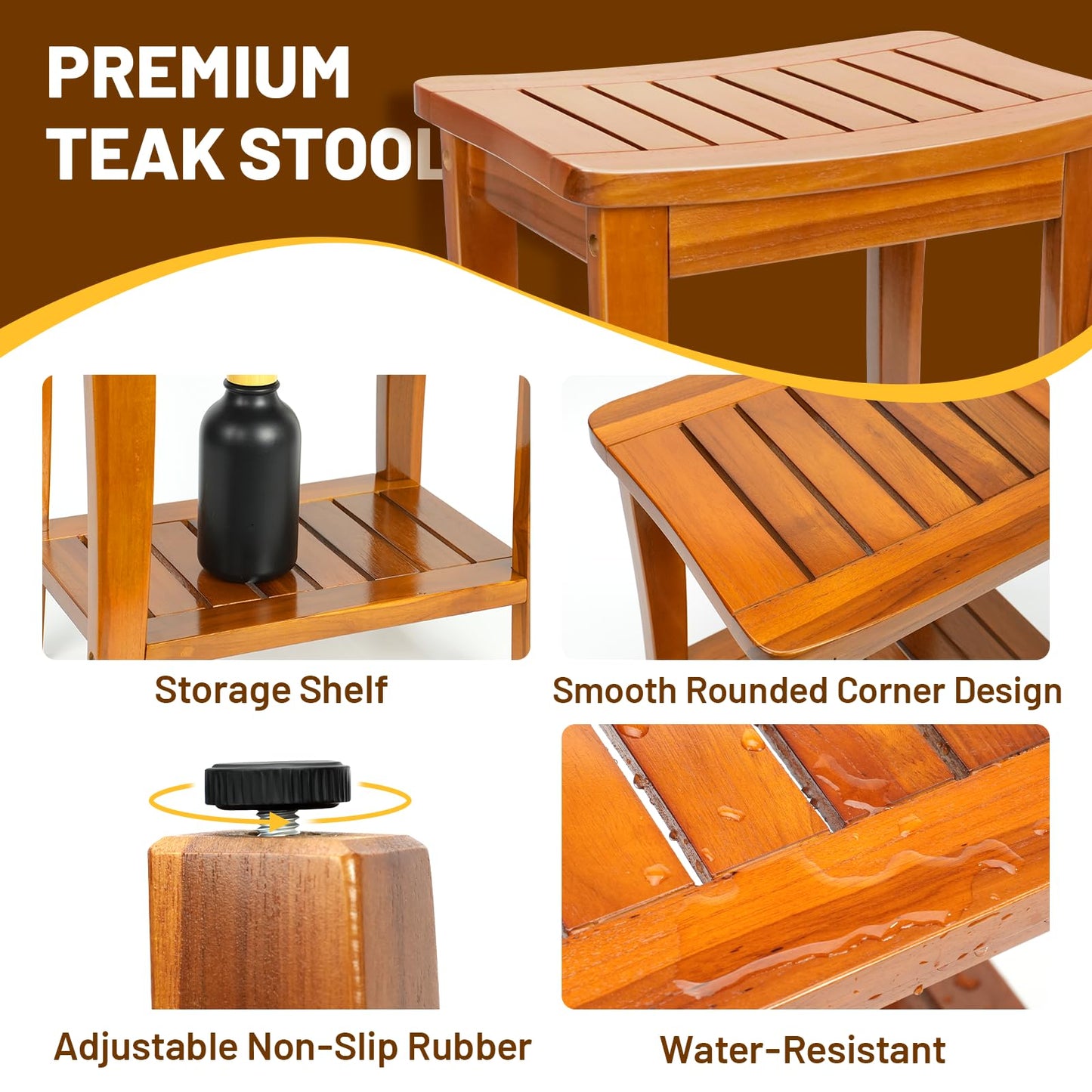 16" Compact Teak Shower Bench with Shelf, Premium Teak Shower Stool, Durable Waterproof Seat for Inside Shower, Solid Teak Wood Bench for Bathroom, Indoor & Outdoor Use
