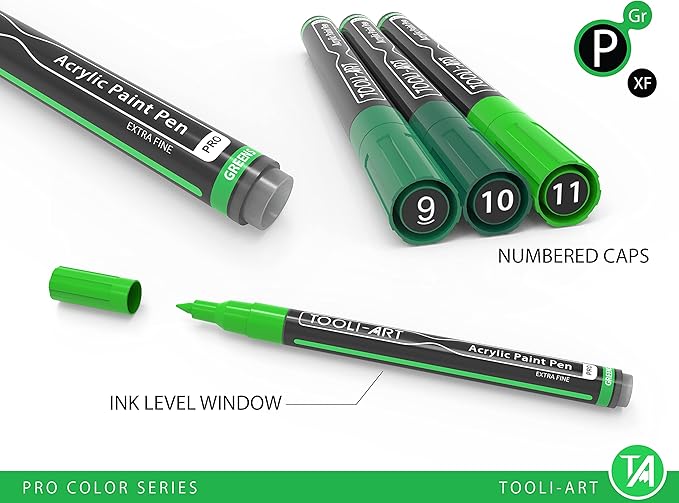 Acrylic Paint Pens 22 Green Tones Assorted Pro Color Series Markers Set 0.7mm Extra Fine Tip for Rock Painting, Glass, Mugs, Wood, Metal, Canvas, Projects, Non Toxic, Waterbased, Quick Drying