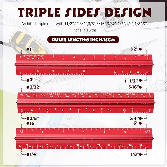 Fumete 12 Pack 6 Inch Architectural Engineering Scale Rulers Small Scale Ruler Pocket Size Scale Ruler Construction Rulers Imperial Measurements for Architects Engineering, Draftsman Drawing(Red)